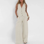 New Hot Selling Fashion Waistcoat Trousers Wide Leg Trousers Cotton Linen Set Women Leisure Commuter Temperament Trousers Set